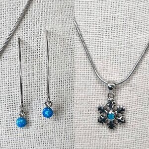 Silver 925 Simulated Fire Opal Snowflake 20" Necklace + Drop Earring Set Jewelry